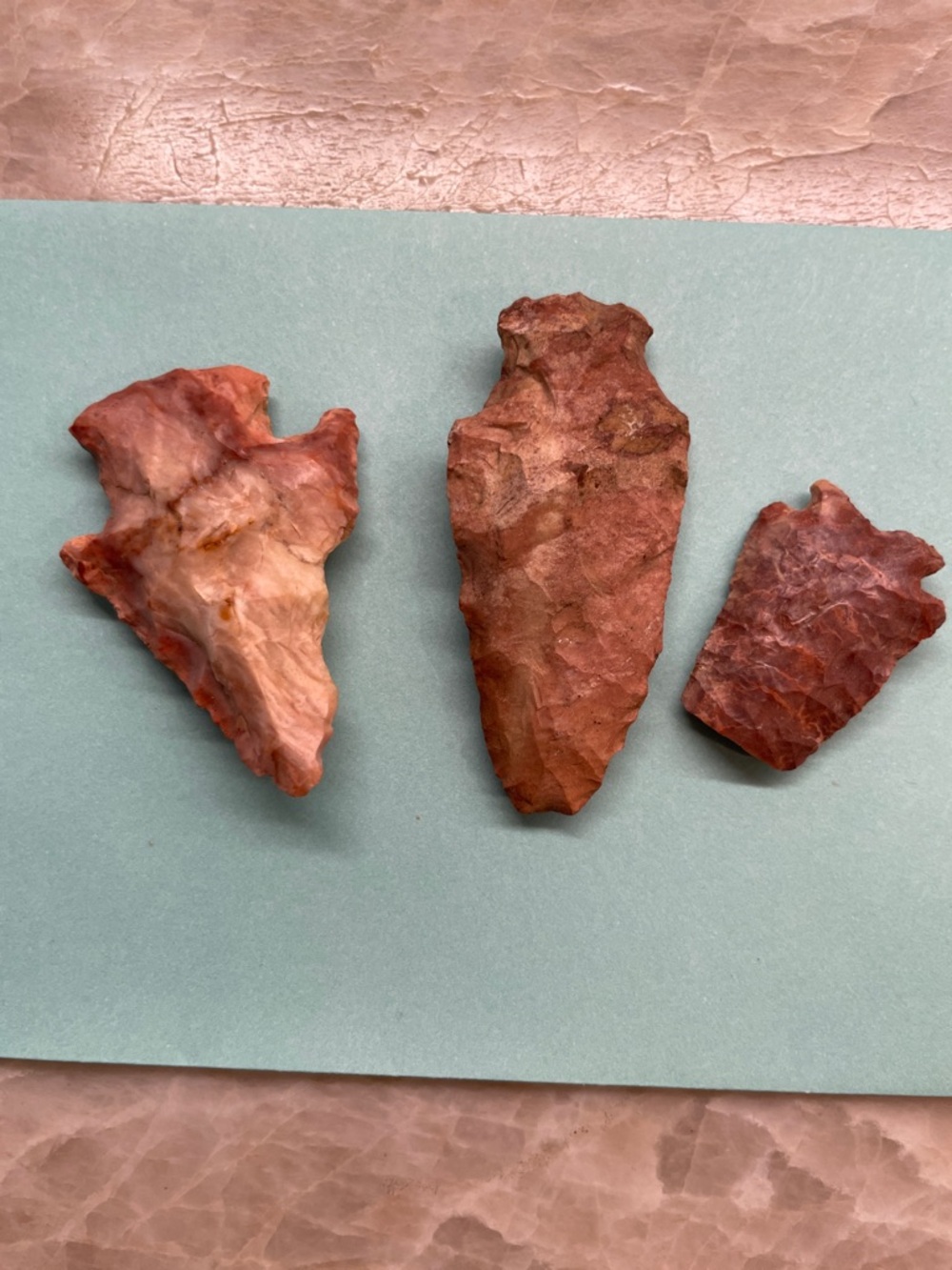 Three Indian Handcrafted Stone Arrowheads in Red and Brown tones